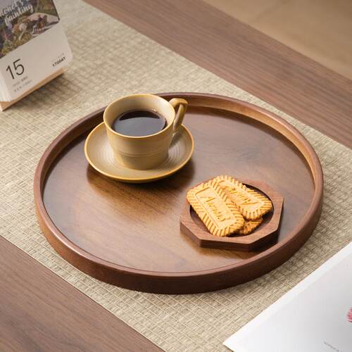 中式圆形茶托盘餐盘商用托盘咖啡甜品摆件托盘竹木质下午茶托盘