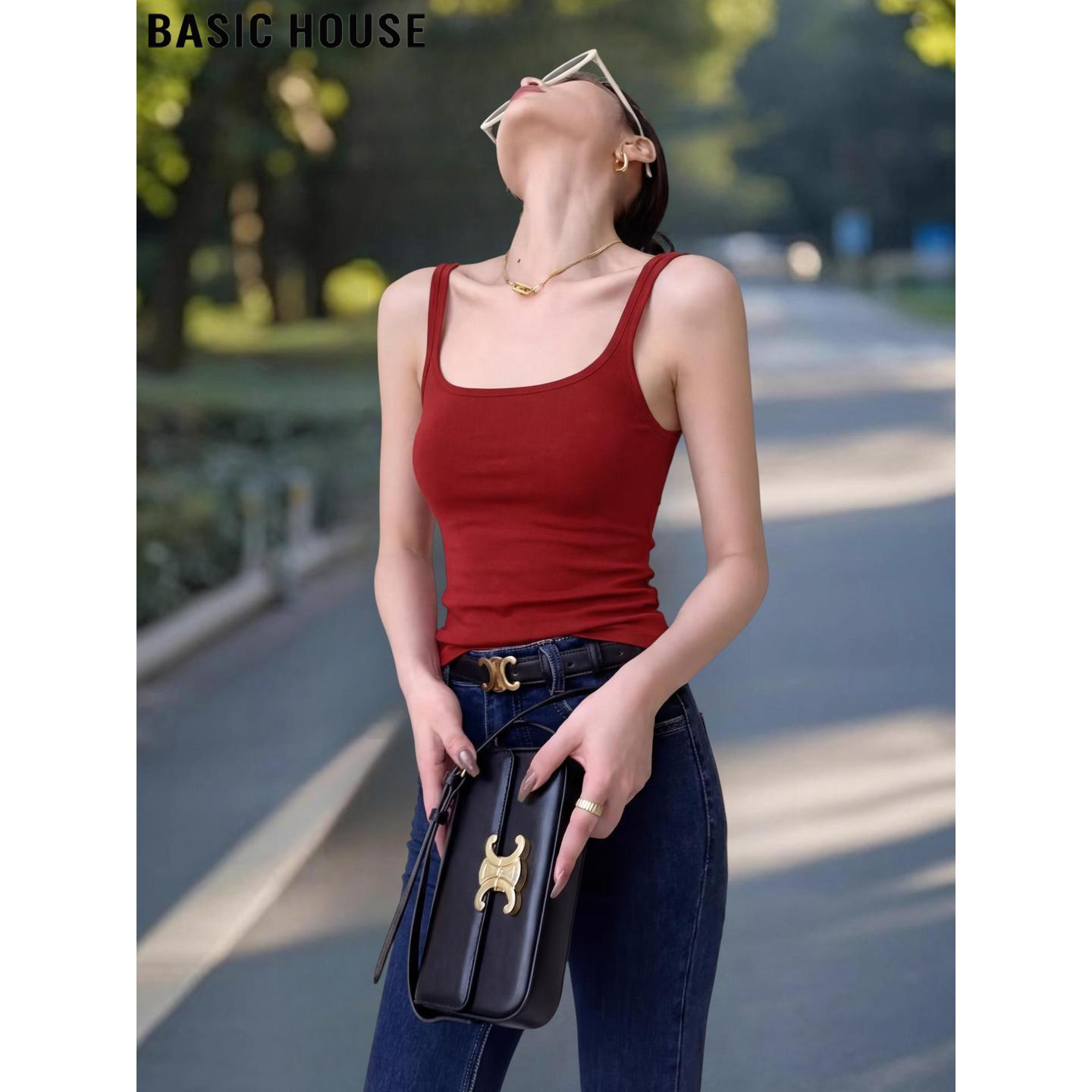 Basic House/百家好红色U领带胸垫吊带背心女夏季可外穿无袖上衣