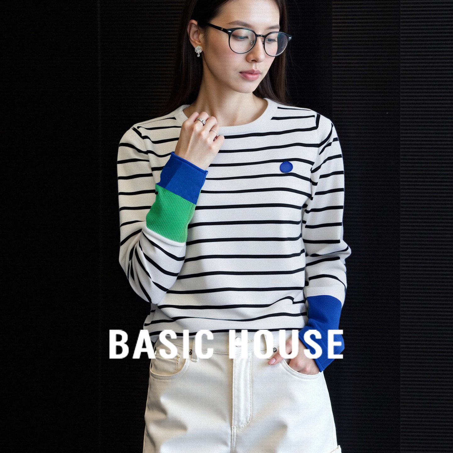 Basic House/百家好设计感拼接条纹针织衫女2026春季内搭宽松毛衣