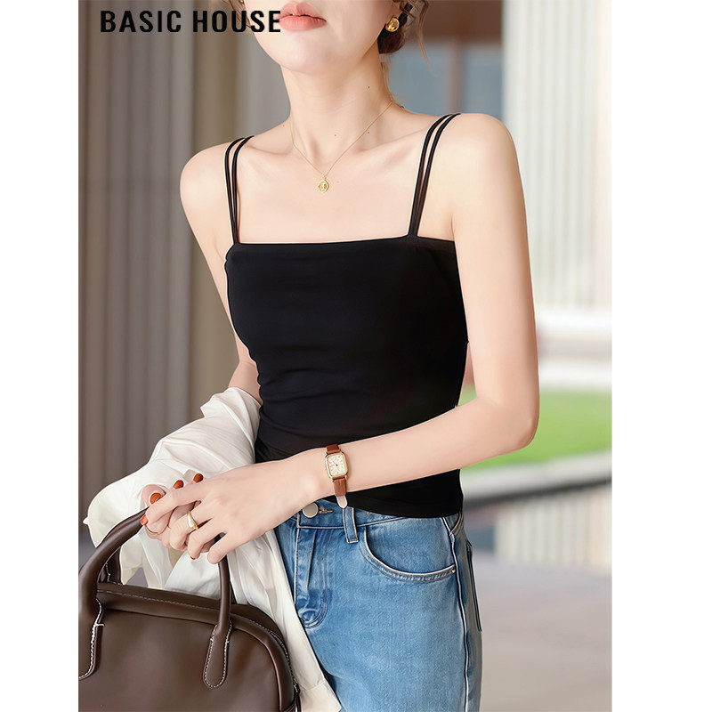 Basic House/百家好黑色小吊带背心女夏季带胸垫纯棉西装内搭上衣