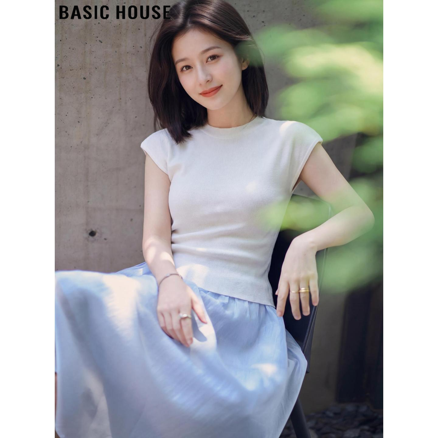 Basic House/百家好法式白色100%天丝短袖针织衫女夏季半高领上衣