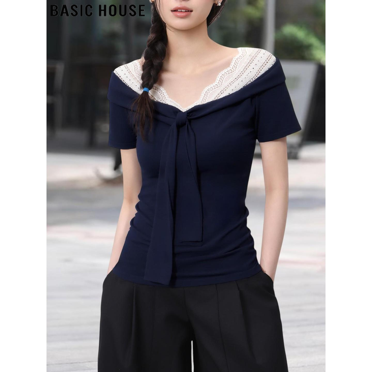 Basic House/百家好网纱拼接V领短袖T恤女夏季绑带修身一字领上衣