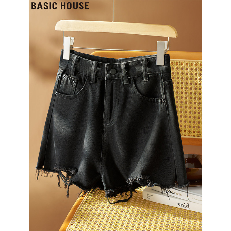 Basic House/百家好毛边破洞黑色牛仔短裤女夏季高腰A字包臀热裤
