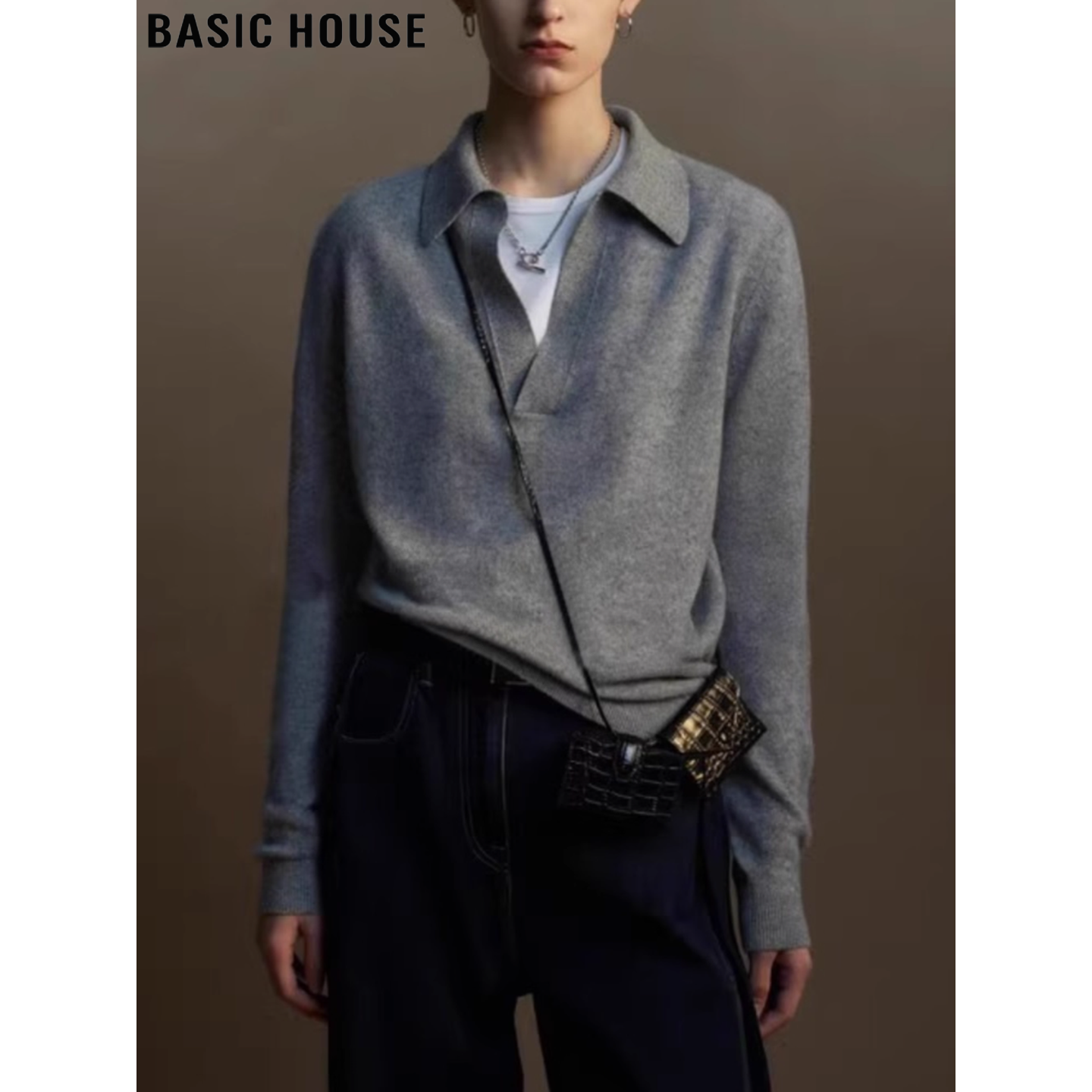 Basic House/百家好灰色V领长袖针织衫女2026春季polo领软糯毛衣