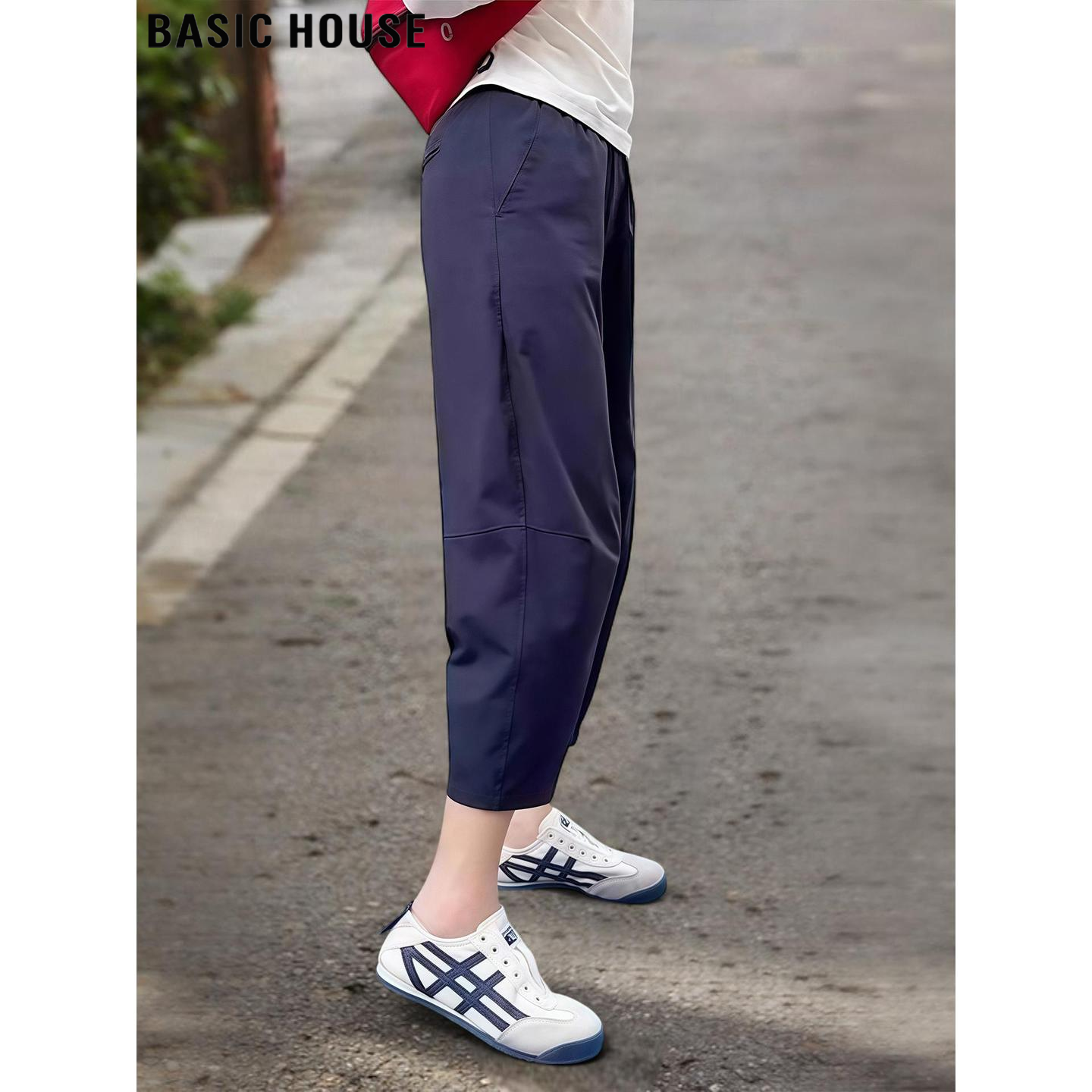Basic House/百家好藏蓝色九分运动裤女夏季宽松大码休闲萝卜裤子