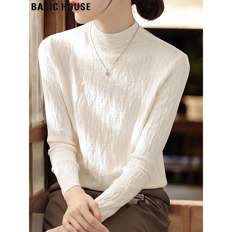 Basic House/百家好米白色半高领针织衫女春季高级感漂亮打底毛衣