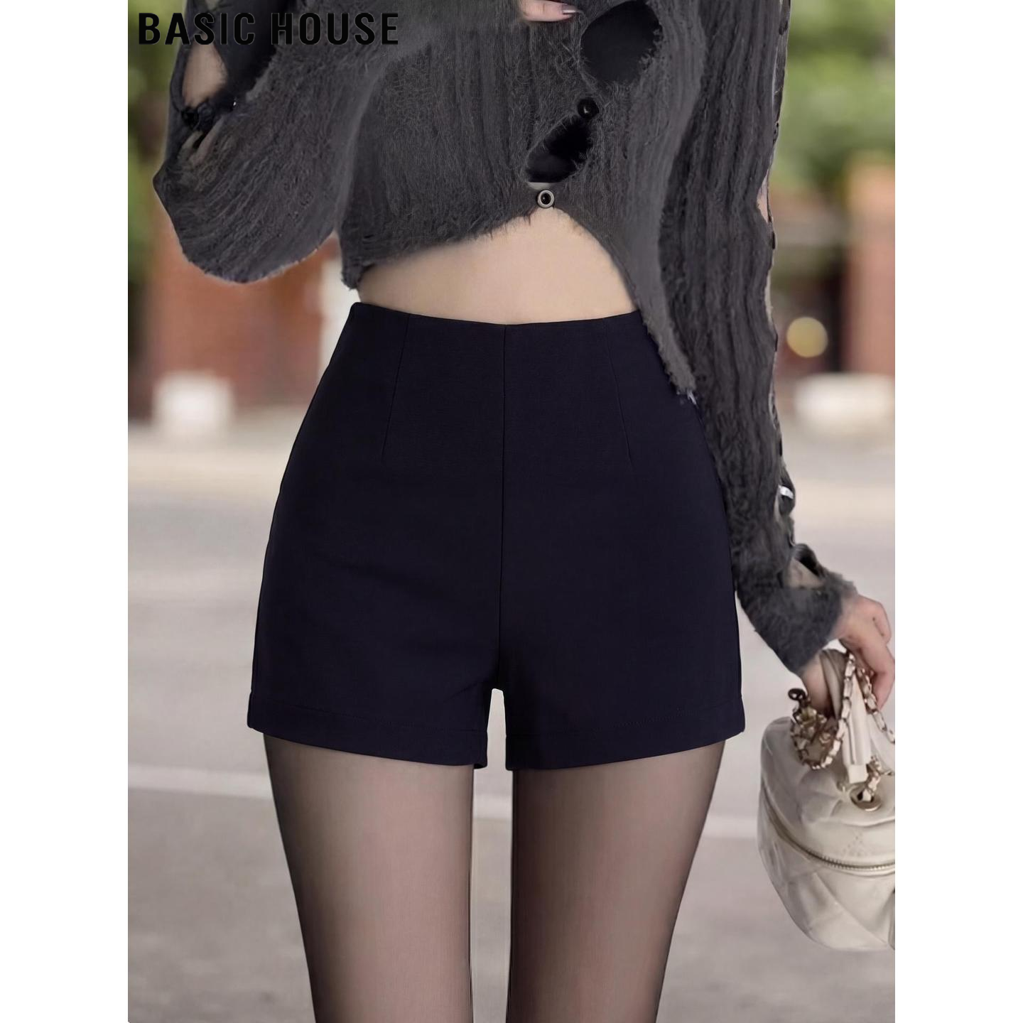 Basic House/百家好黑色性感紧身打底短裤女夏季外穿高腰包臀靴裤