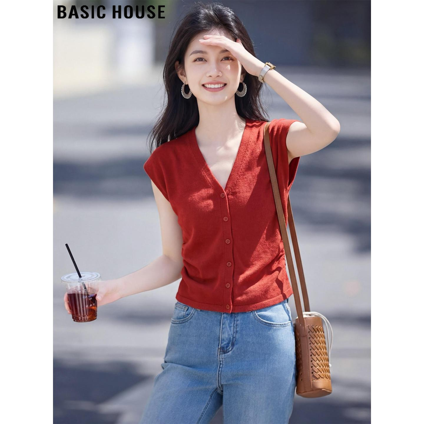 Basic House/百家好红色V领含羊毛短袖针织开衫女夏季巨好看上衣
