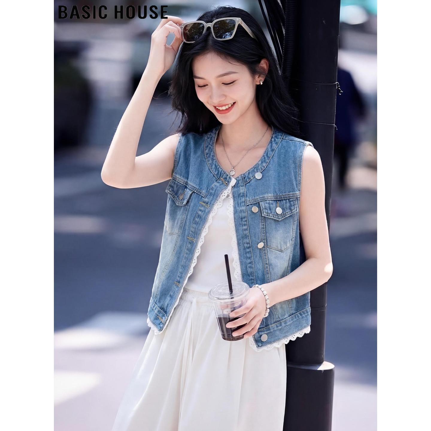 Basic House/百家好复古蓝色蕾丝拼接牛仔马甲女夏季超火坎肩背心