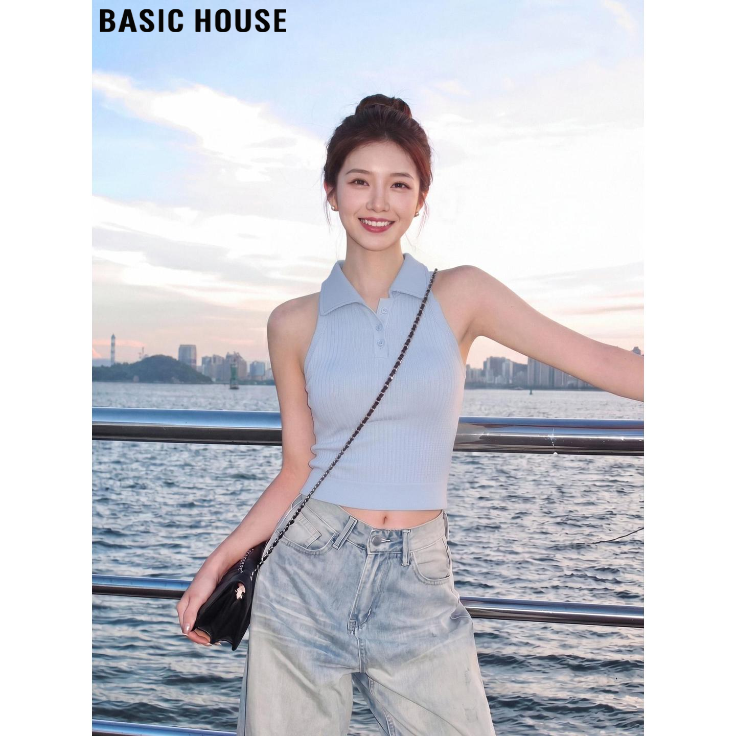 Basic House/百家好紫色带胸垫外穿吊带背心女夏季短款无袖小上衣