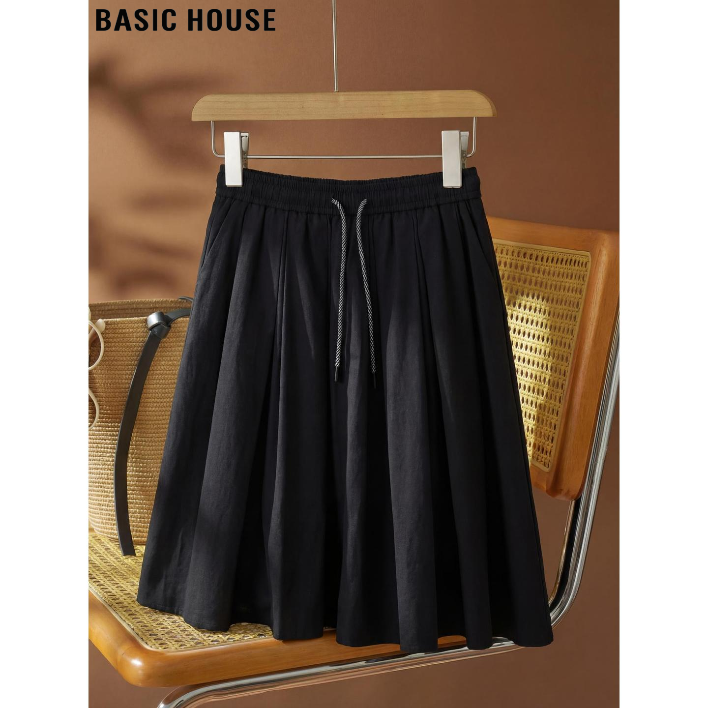 Basic House/百家好黑色薄款A字半身短裙女夏季超火漂亮抽绳伞裙