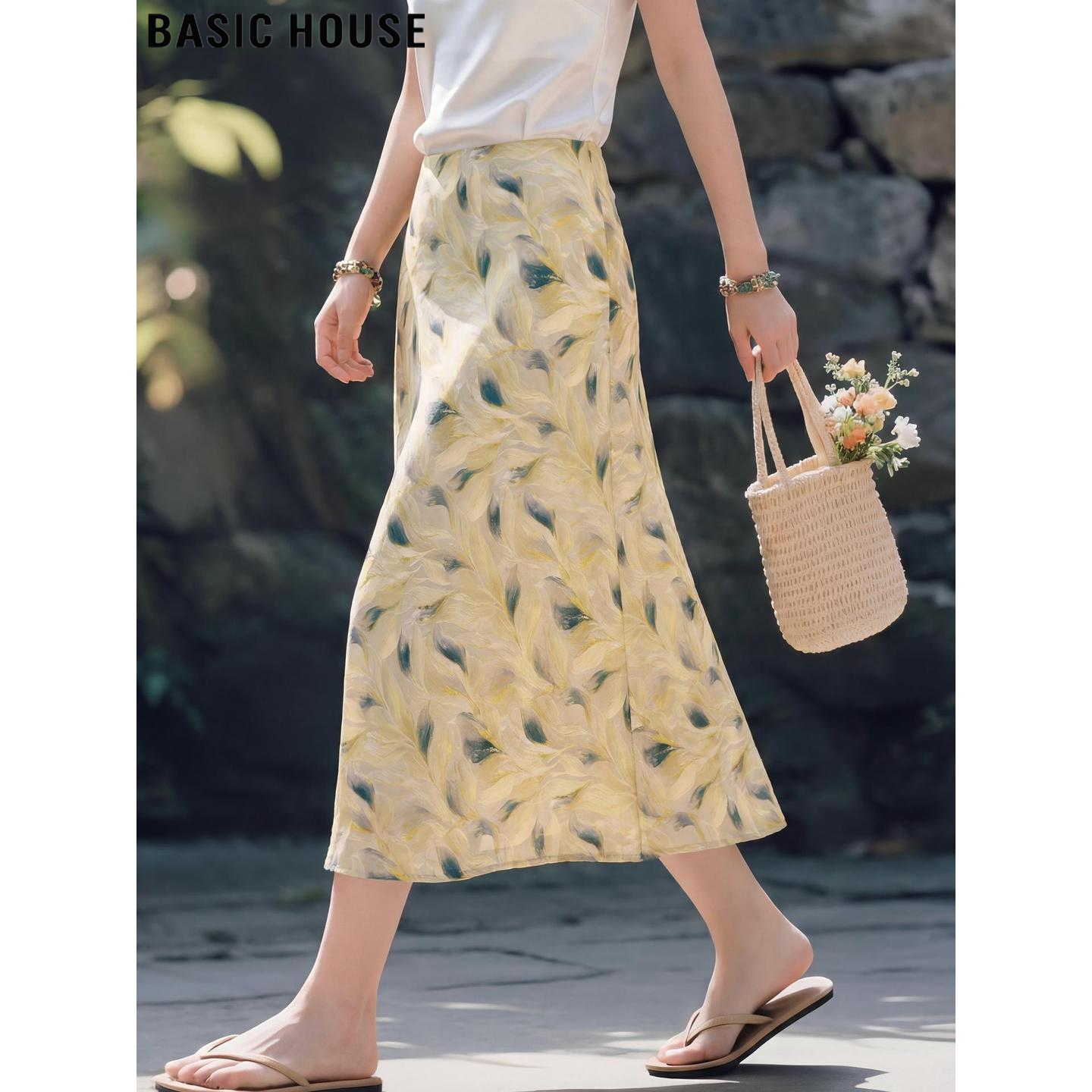 Basic House/百家好黄色印花A字半身伞裙女夏季梨型身材伯克利裙