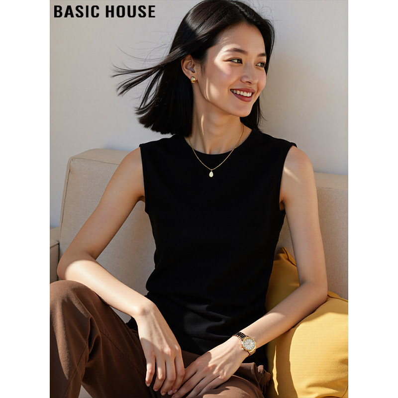 Basic House/百家好简约修身黑色无袖T恤女夏季内搭圆领螺纹背心