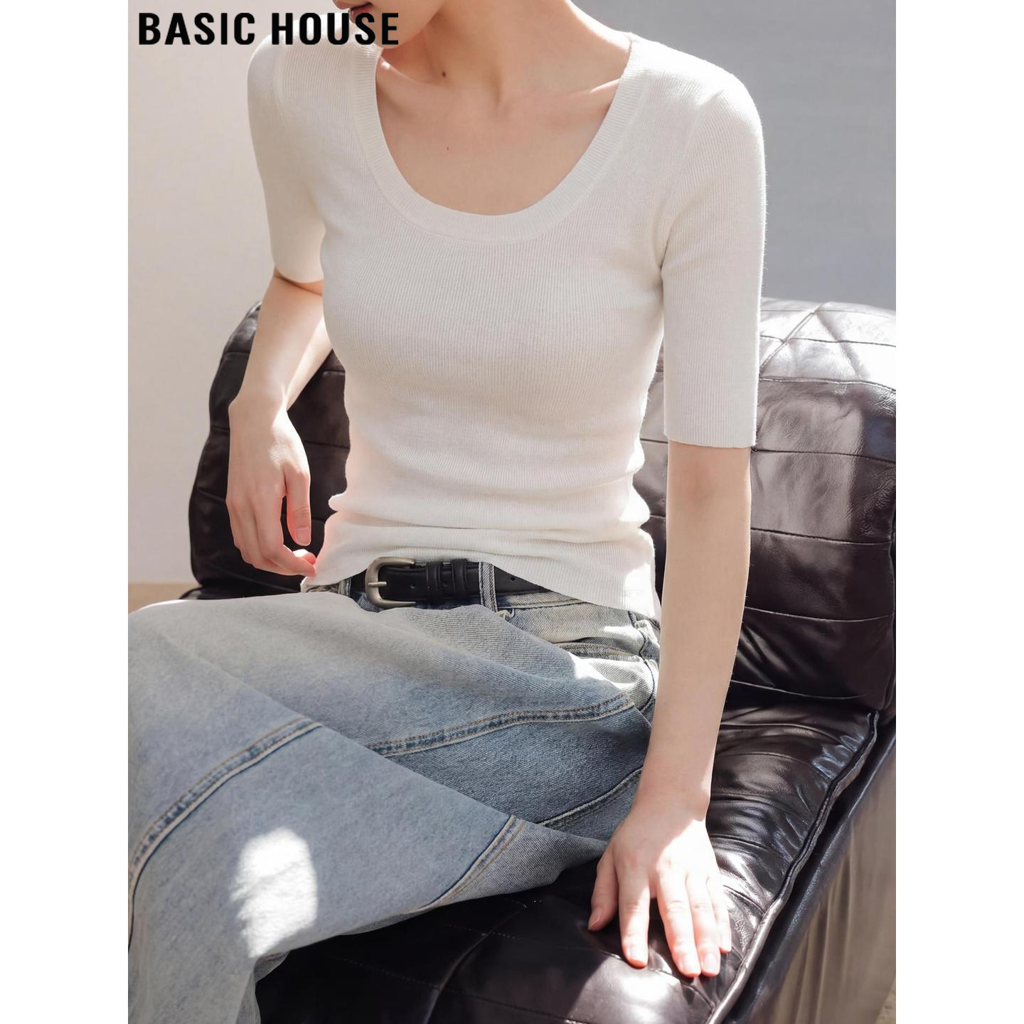 Basic House/百家好法式白色U领短袖针织衫女夏季含羊毛显瘦上衣