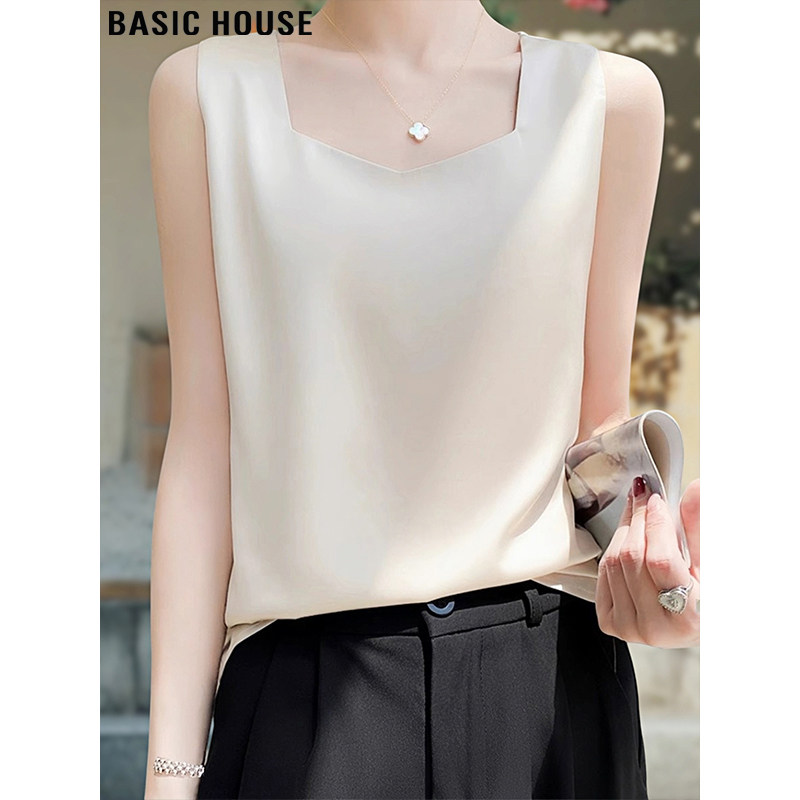 Basic House/百家好气质宽松U领缎面背心女夏季新款无袖打底上衣