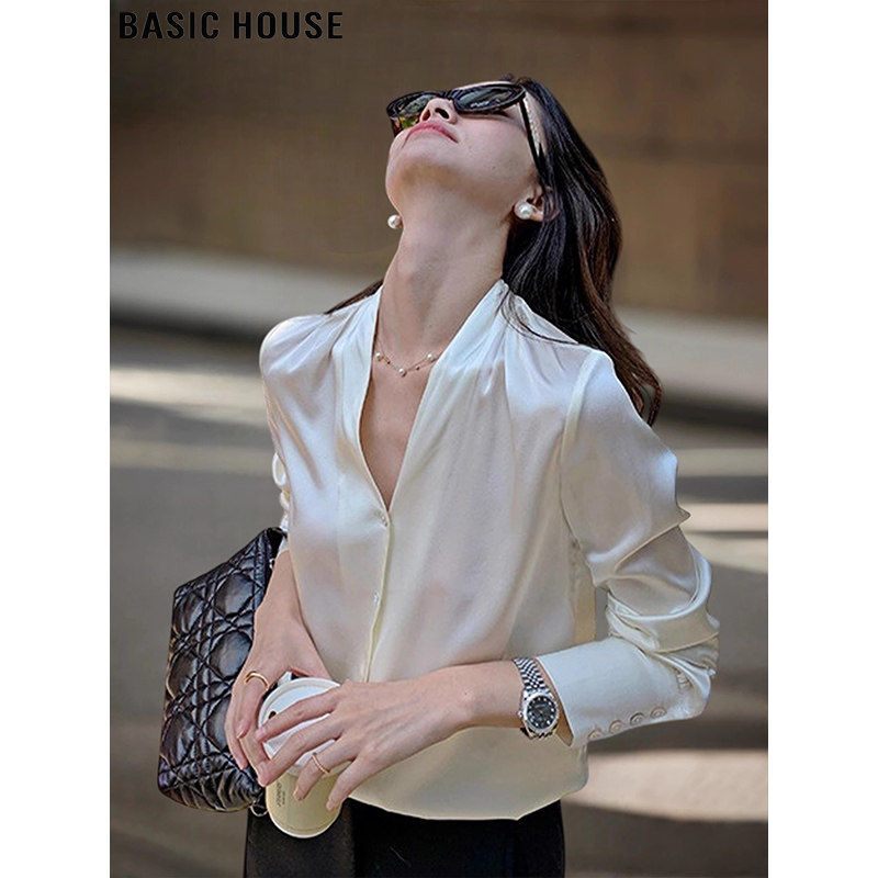 Basic House/百家好V领缎面衬衫女2026春季法式通勤长袖打底衬衣