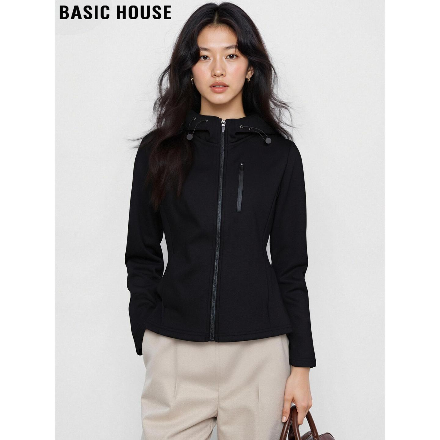 Basic House/百家好黑色运动连帽长袖卫衣外套女2026春季开衫上衣