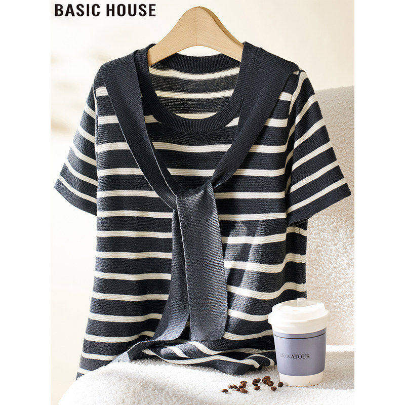 Basic House/百家好条纹披肩系带短袖针织衫女2026夏季巨好看上衣