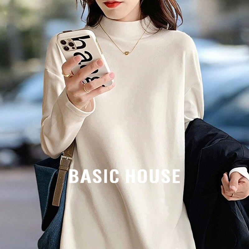 Basic House/百家好气质白色半高领长袖T恤女2026春中长款打底衫