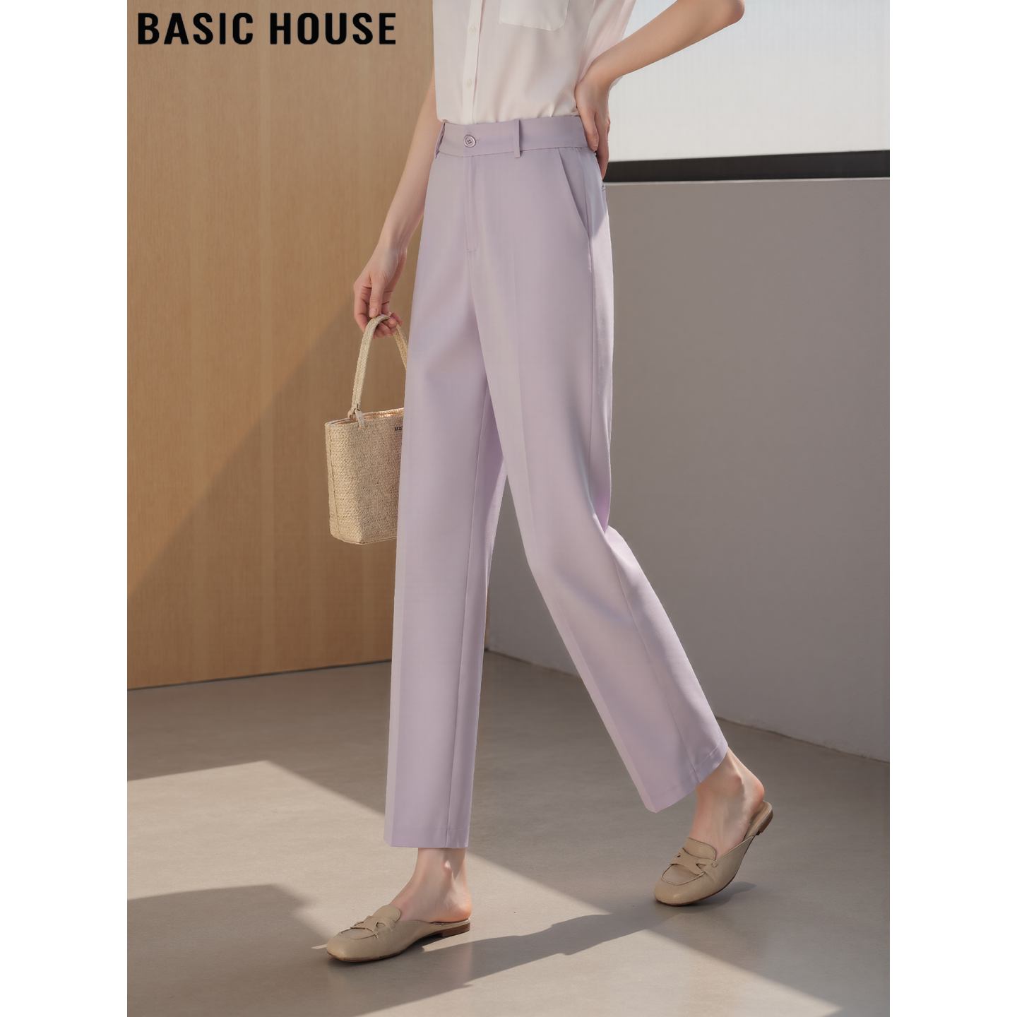 Basic House/百家好浅紫色西装裤女2026夏季高腰显瘦九分休闲裤子
