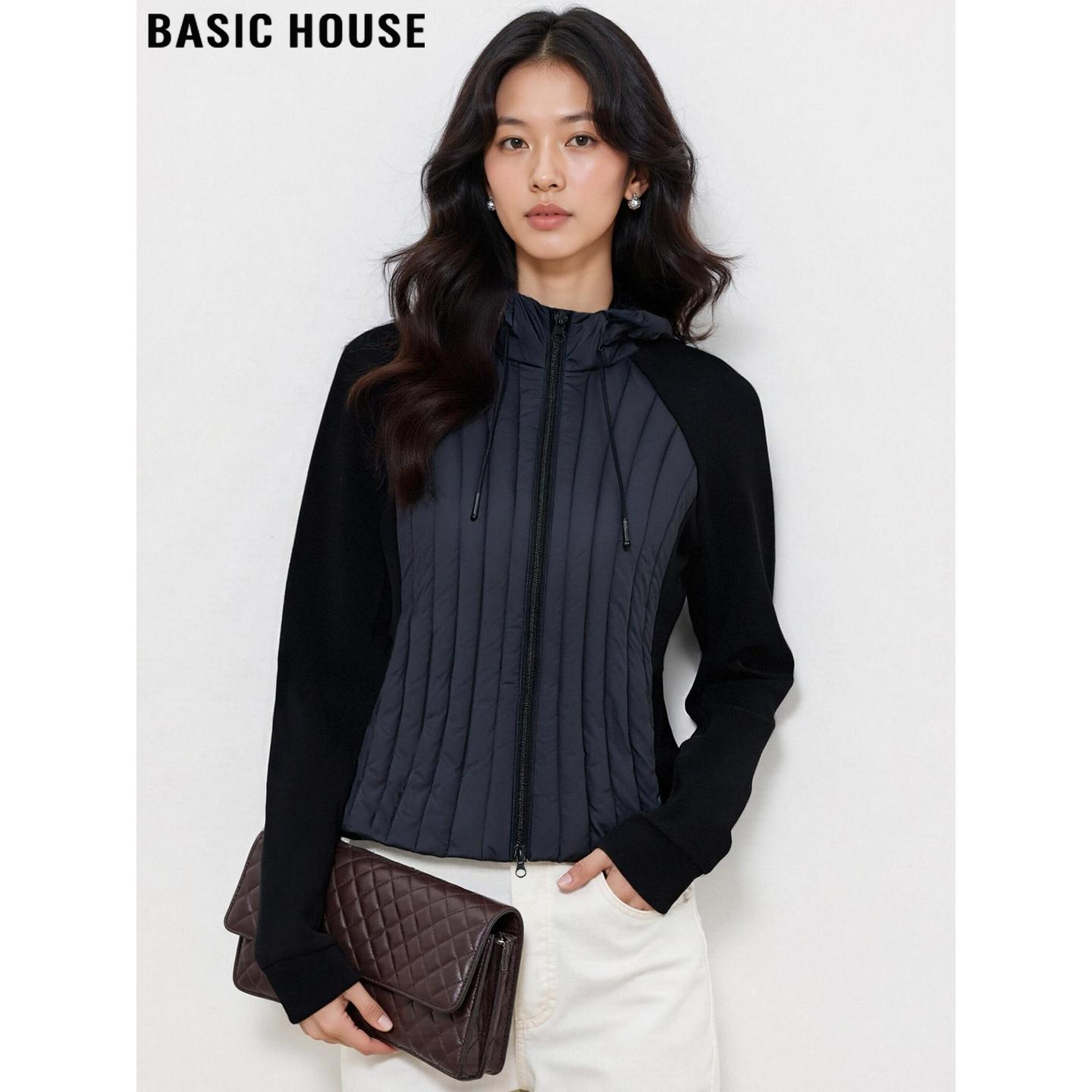 Basic House/百家好黑色修身连帽羽绒服女冬季保暖90鸭绒显瘦外套