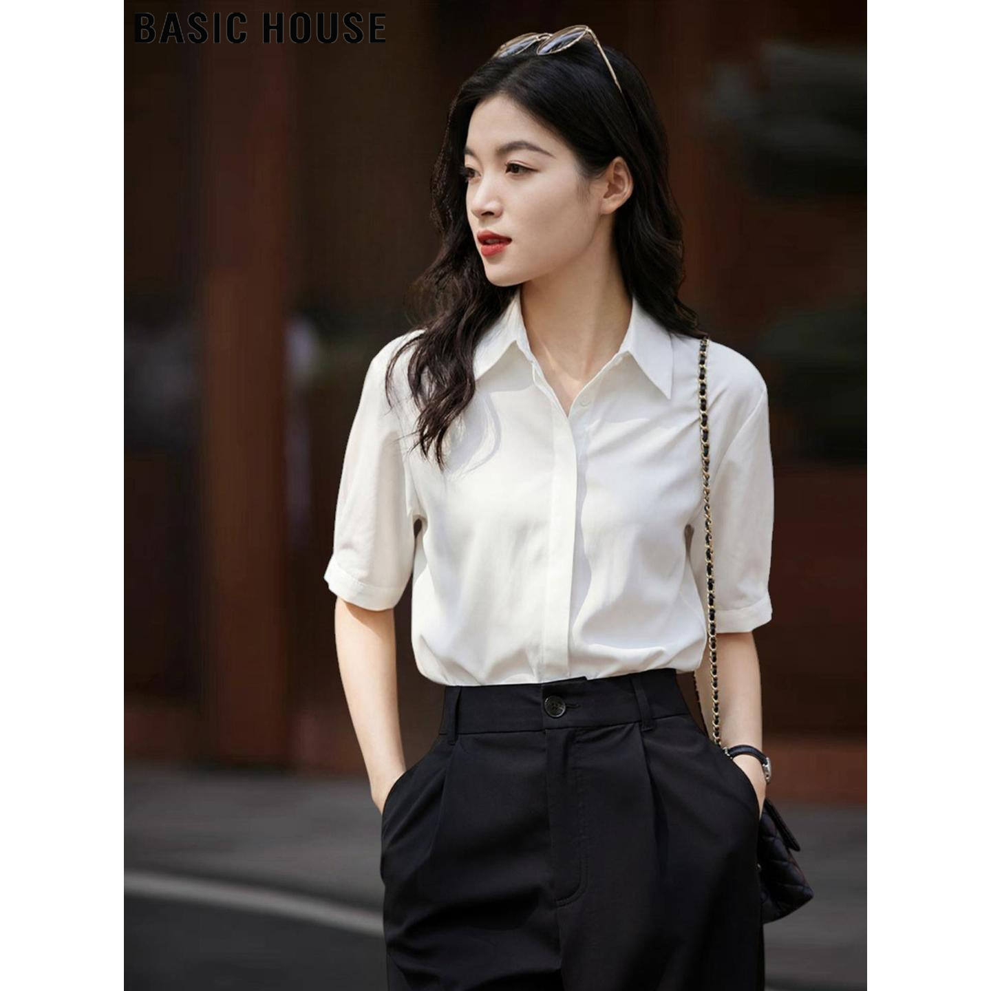 Basic House/百家好白色polo领五分袖衬衫女2026夏季超火短袖衬衣