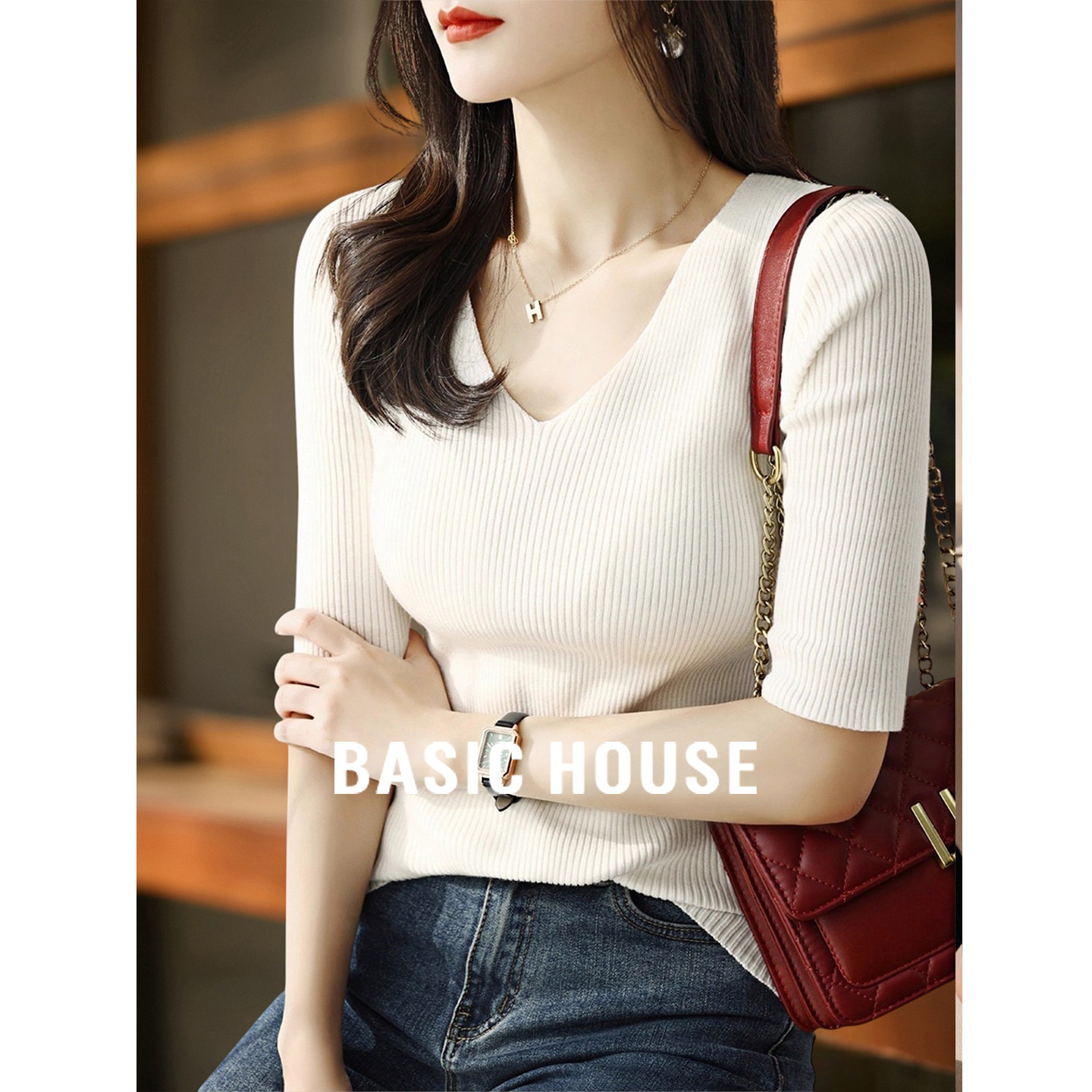 Basic House/百家好简约白色V领中袖针织衫女2026夏季打底衫上衣