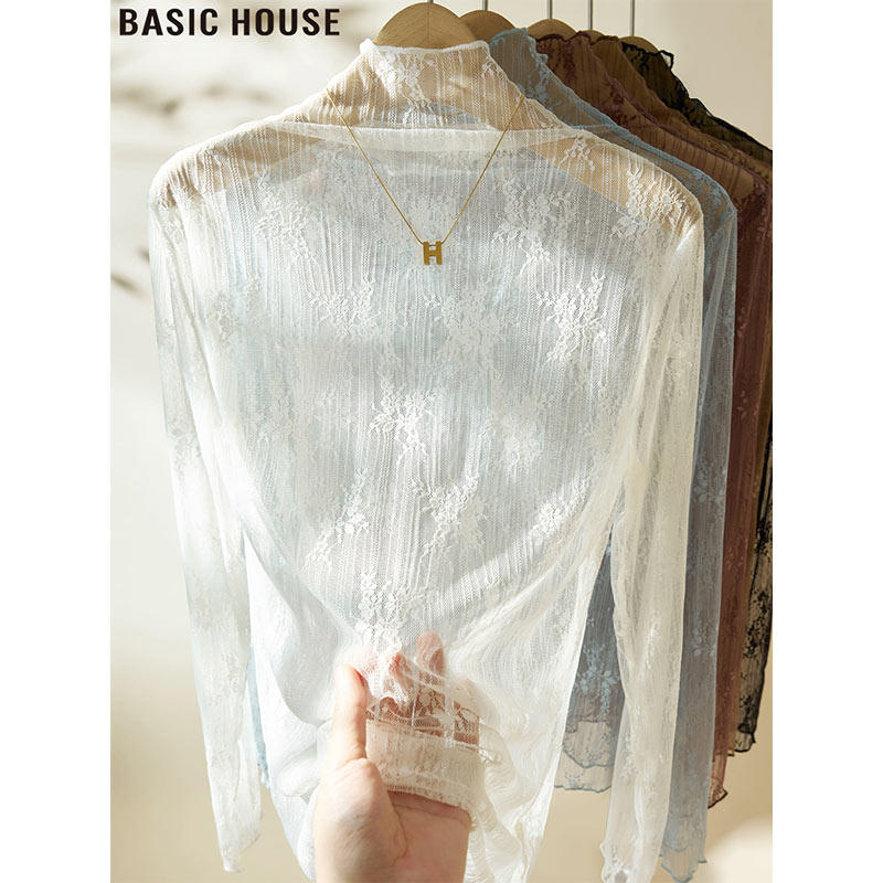 Basic House/百家好微透蕾丝高领长袖T恤女2026夏季薄款网纱上衣