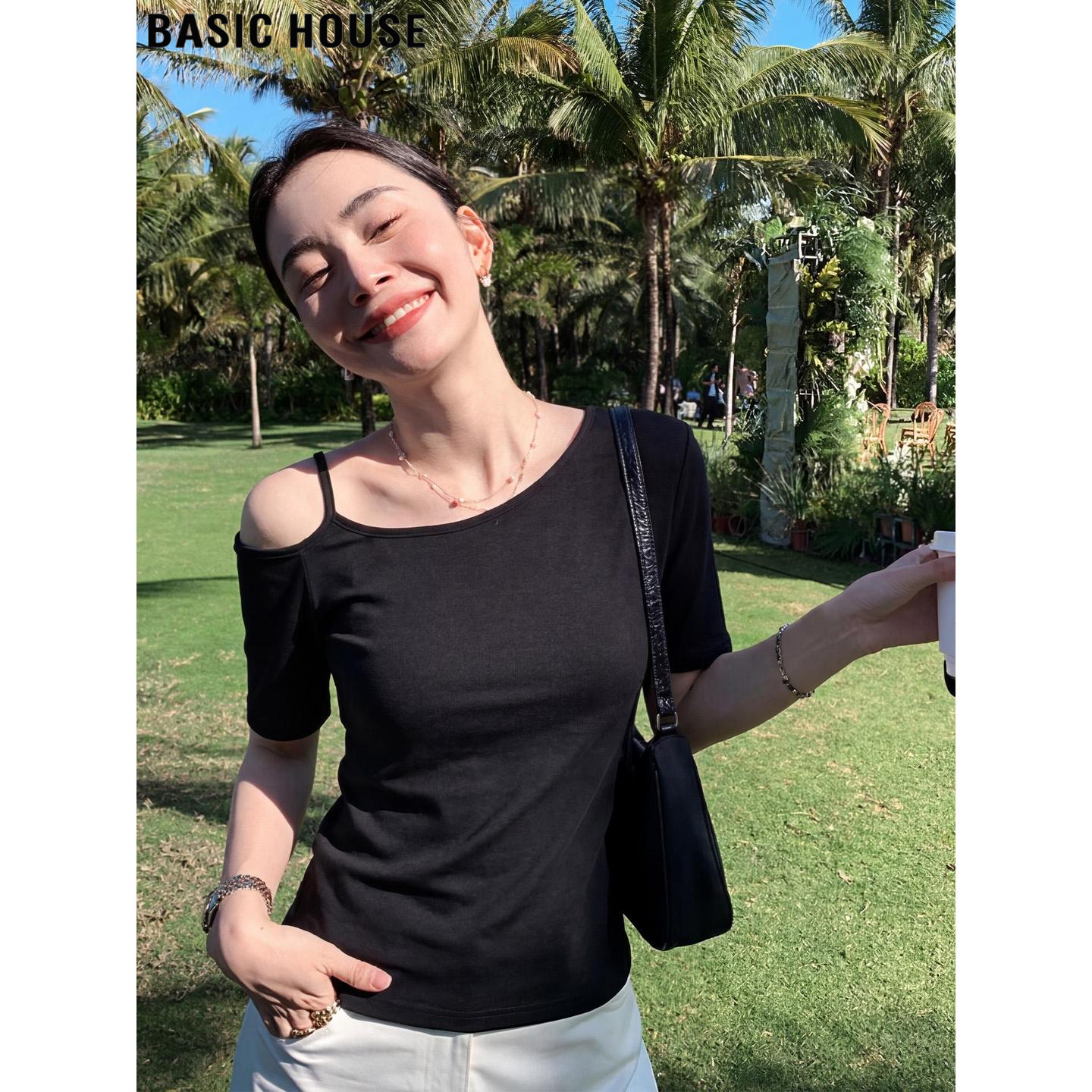 Basic House/百家好通勤黑色斜肩吊带短袖T恤女夏季气质修身上衣