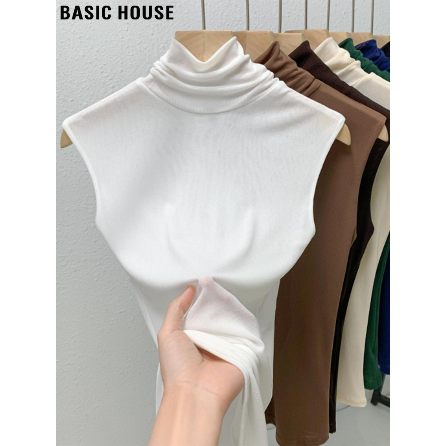 Basic House/百家好白色堆堆高领无袖打底衫女冬季配大衣内搭上衣