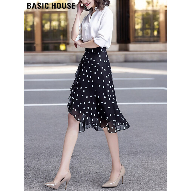 Basic House/百家好气质波点雪纺半身裙女夏季高腰过膝一步鱼尾裙