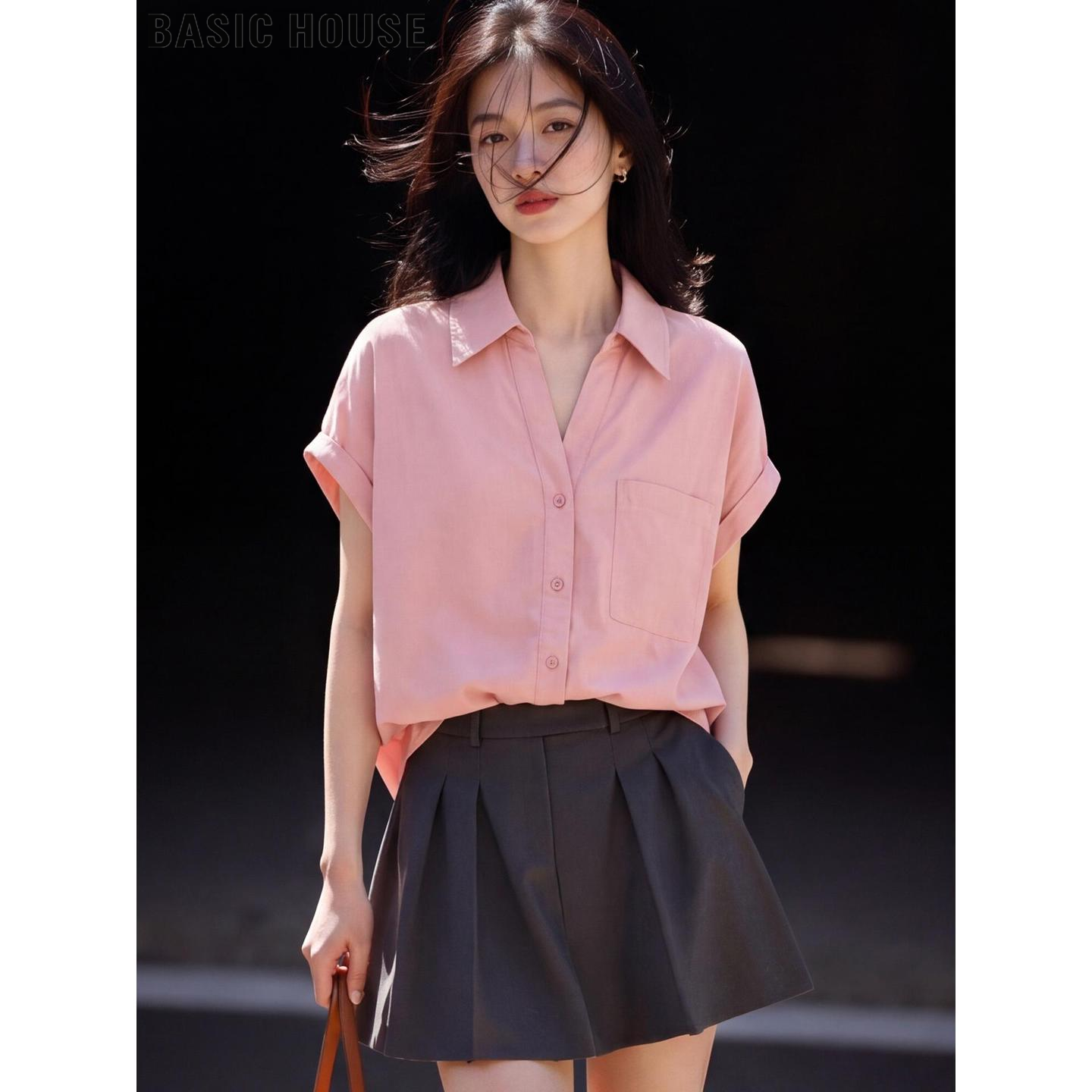 Basic House/百家好粉色100%天丝薄款短袖衬衫女夏季冰丝衬衣开衫