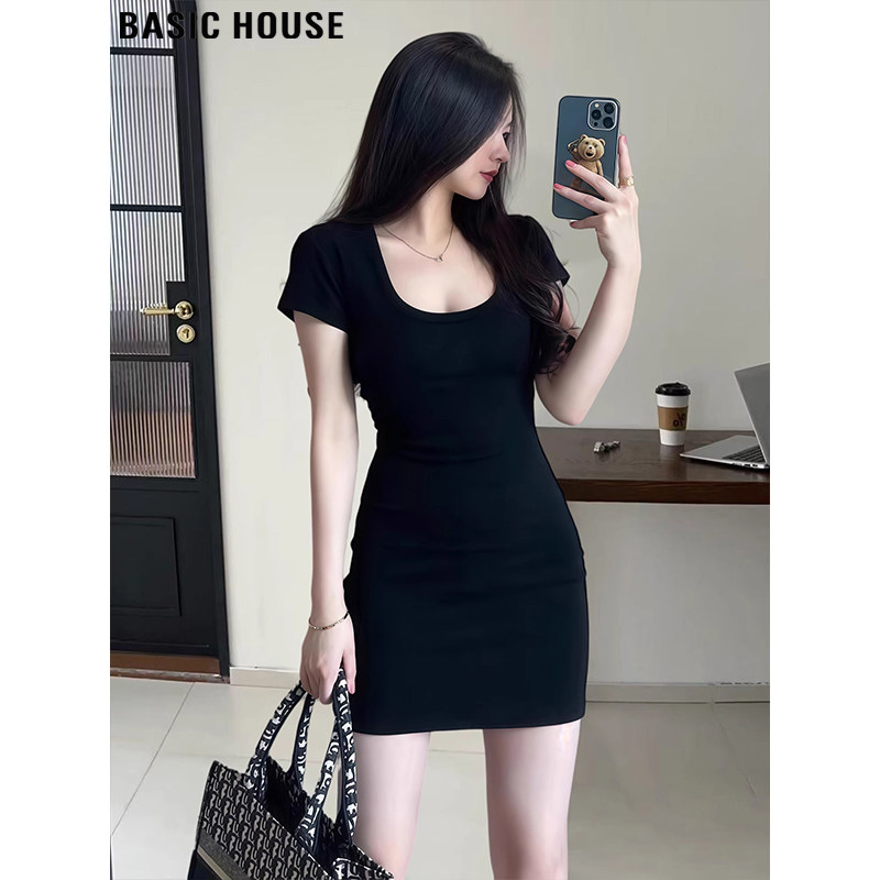 Basic House/百家好纯欲风黑色包臀短袖连衣裙女2026夏季A字短裙