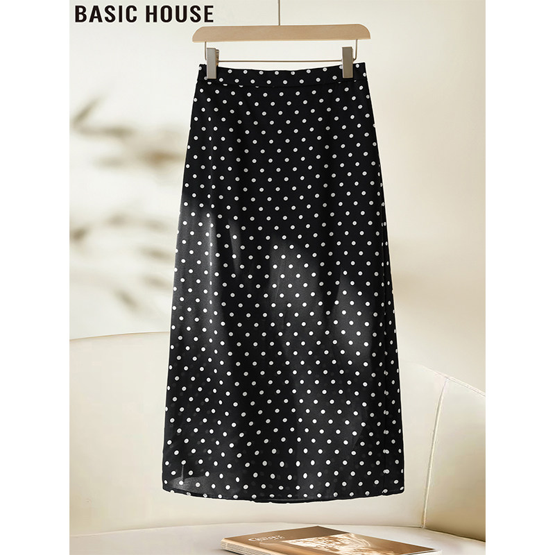 Basic House/百家好法式波点开叉半身裙女2026春季高腰A字包臀裙