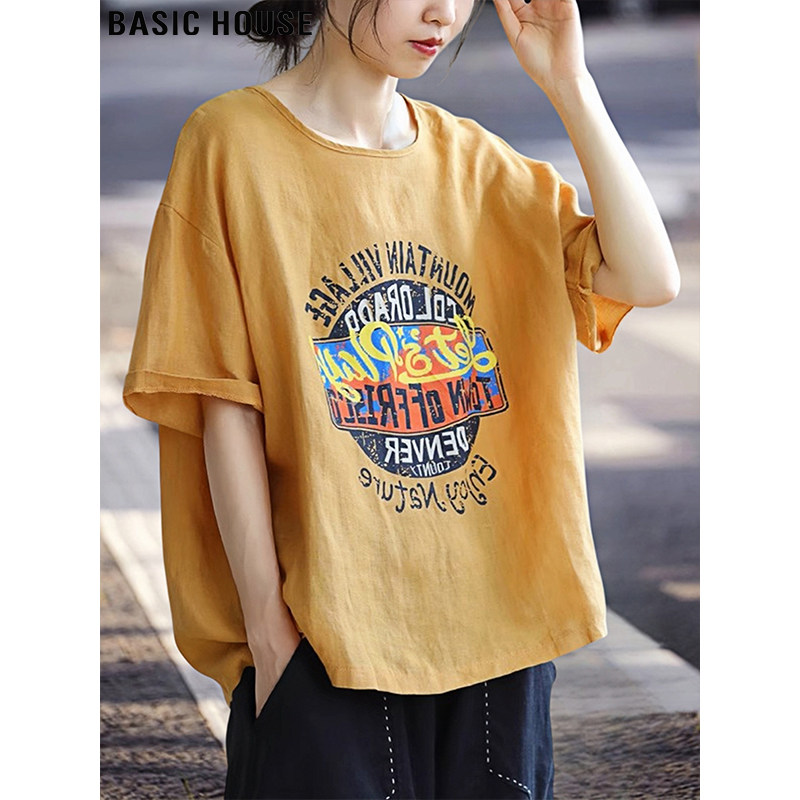Basic House/百家好黄色宽松纯棉短袖T恤女夏季大码印花半袖体恤