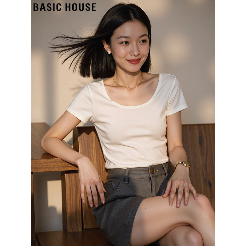 Basic House/百家好气质大圆领白色短袖T恤女夏修身正肩纯棉体恤