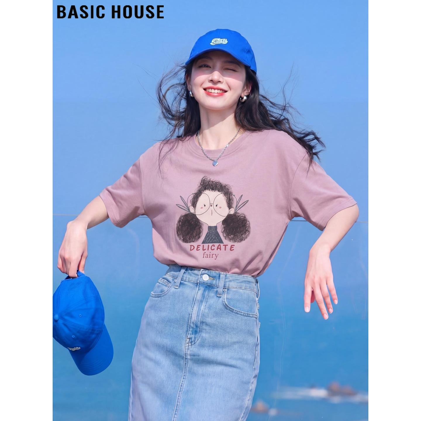 Basic House/百家好粉色印花圆领短袖T恤女夏季减龄宽松体恤上衣