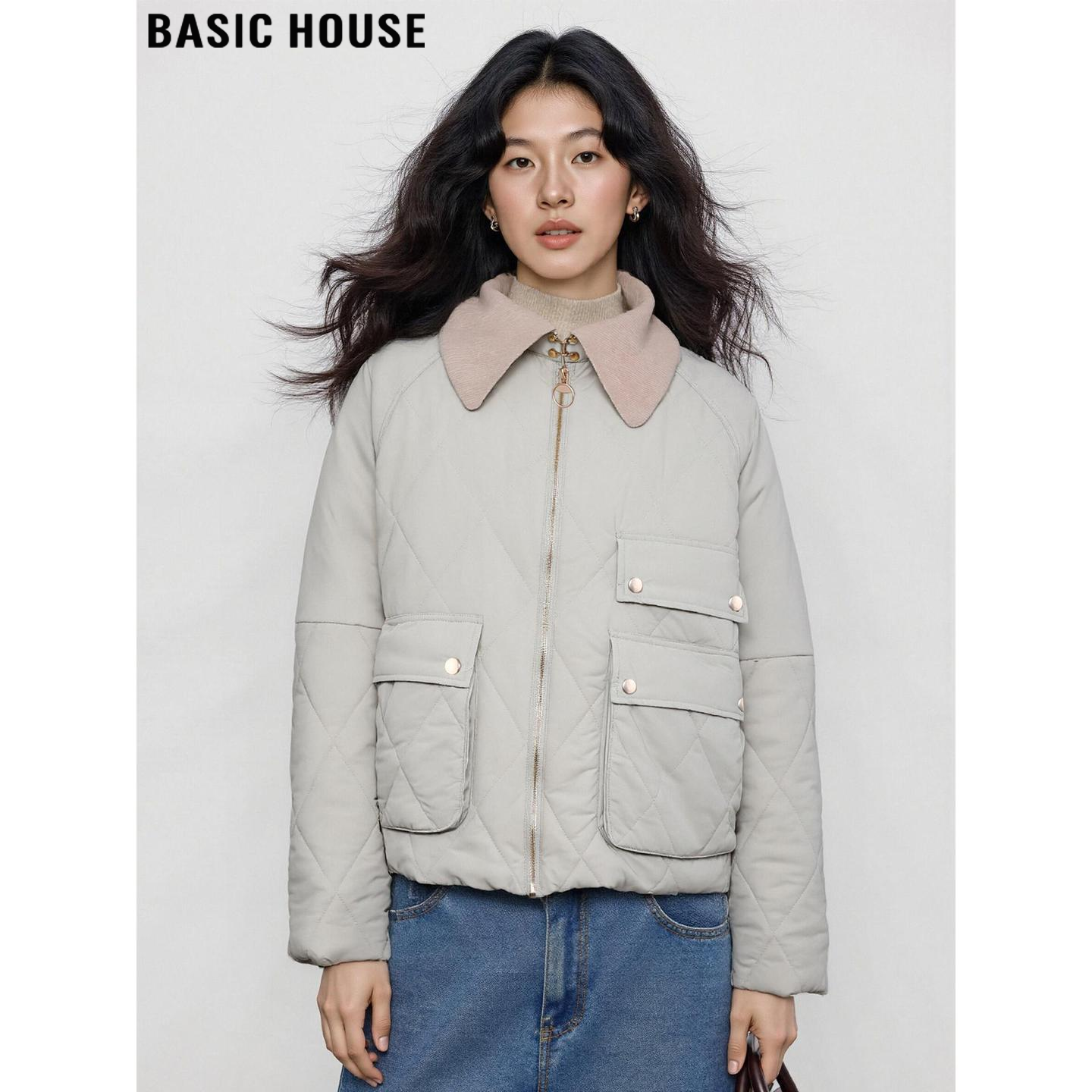 Basic House/百家好高级感米白色翻领菱格工装外套女冬季夹克棉服