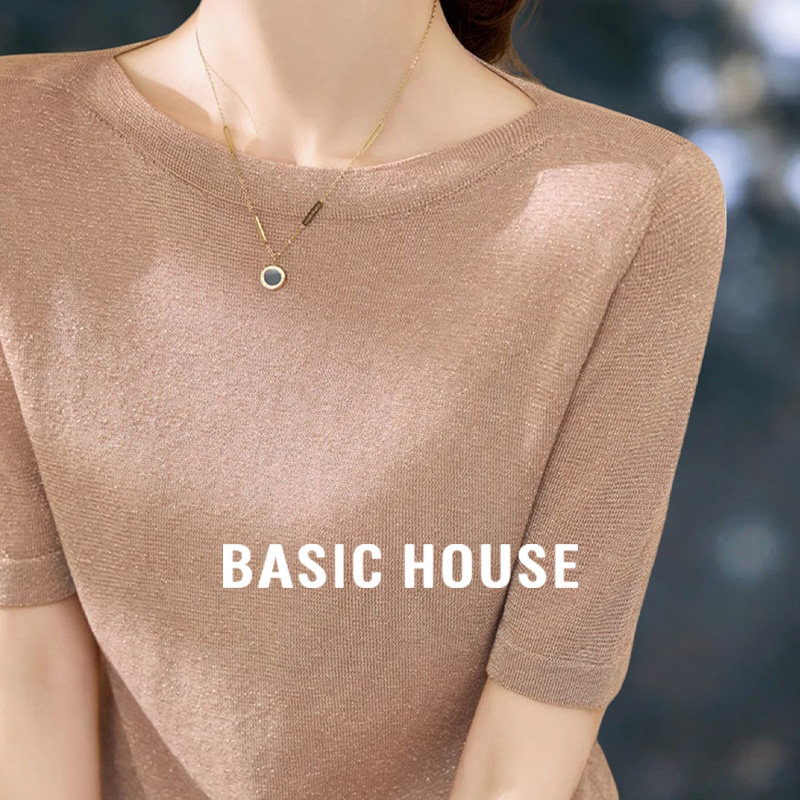 Basic House/百家好设计感亮丝中袖针织衫女夏季天丝防晒罩衫上衣