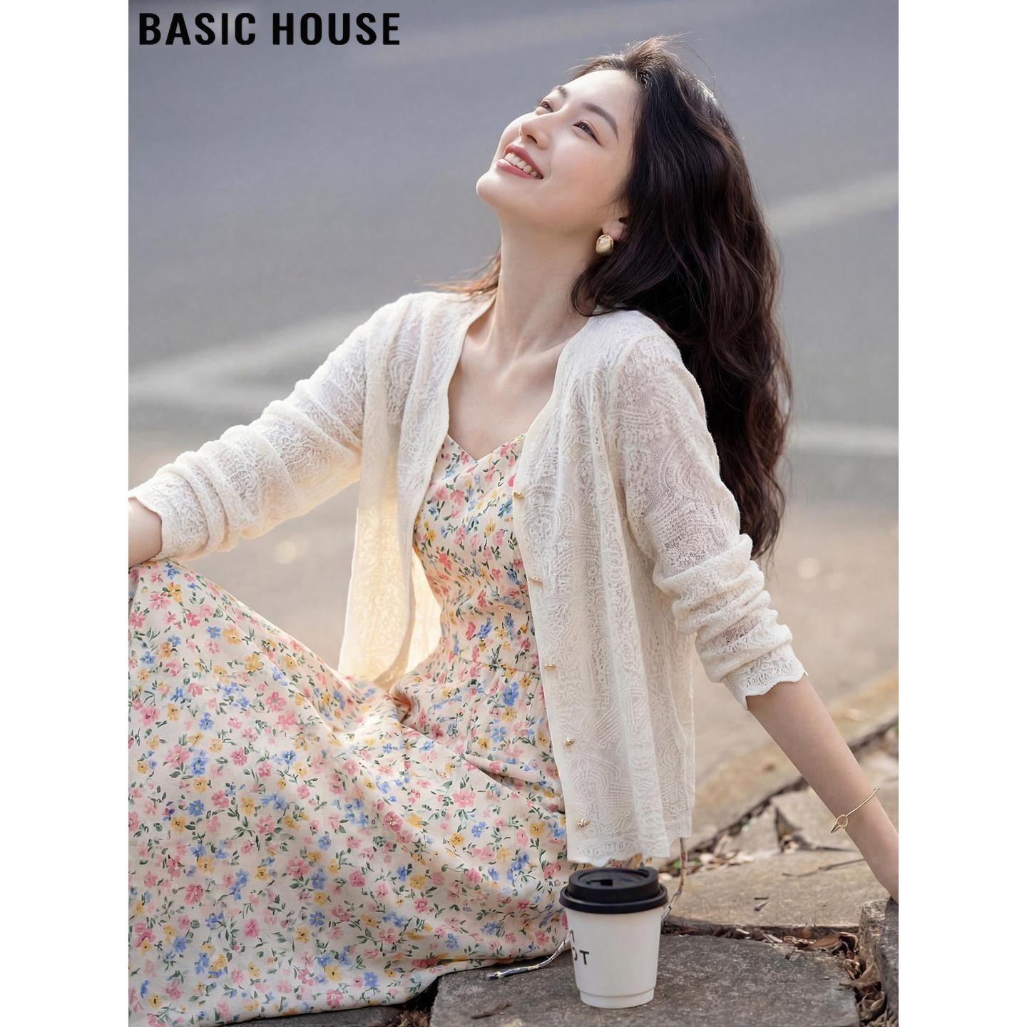 Basic House/百家好杏色重工钩花长袖针织开衫女夏季薄款防晒罩衫