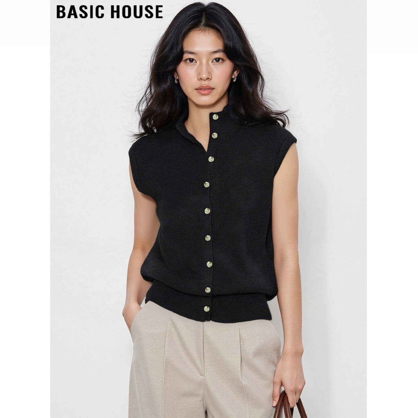 Basic House/百家好老钱风单排扣针织叠穿背心女2026夏季立领马甲