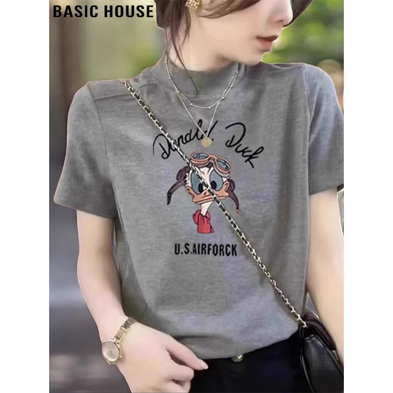 Basic House/百家好灰色半高领短袖t恤女夏季印花正肩立领打底衫