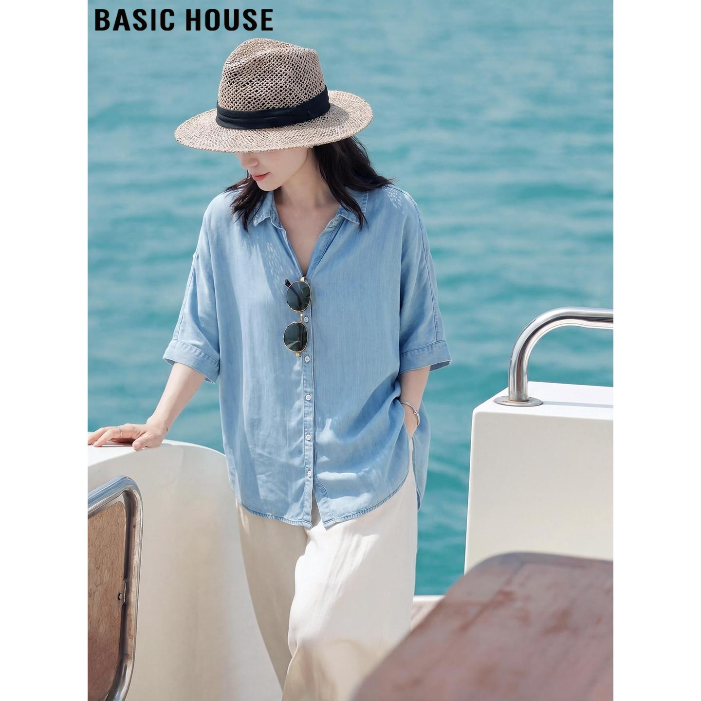 Basic House/百家好浅蓝色100%天丝五分袖衬衫女夏季薄款短袖上衣