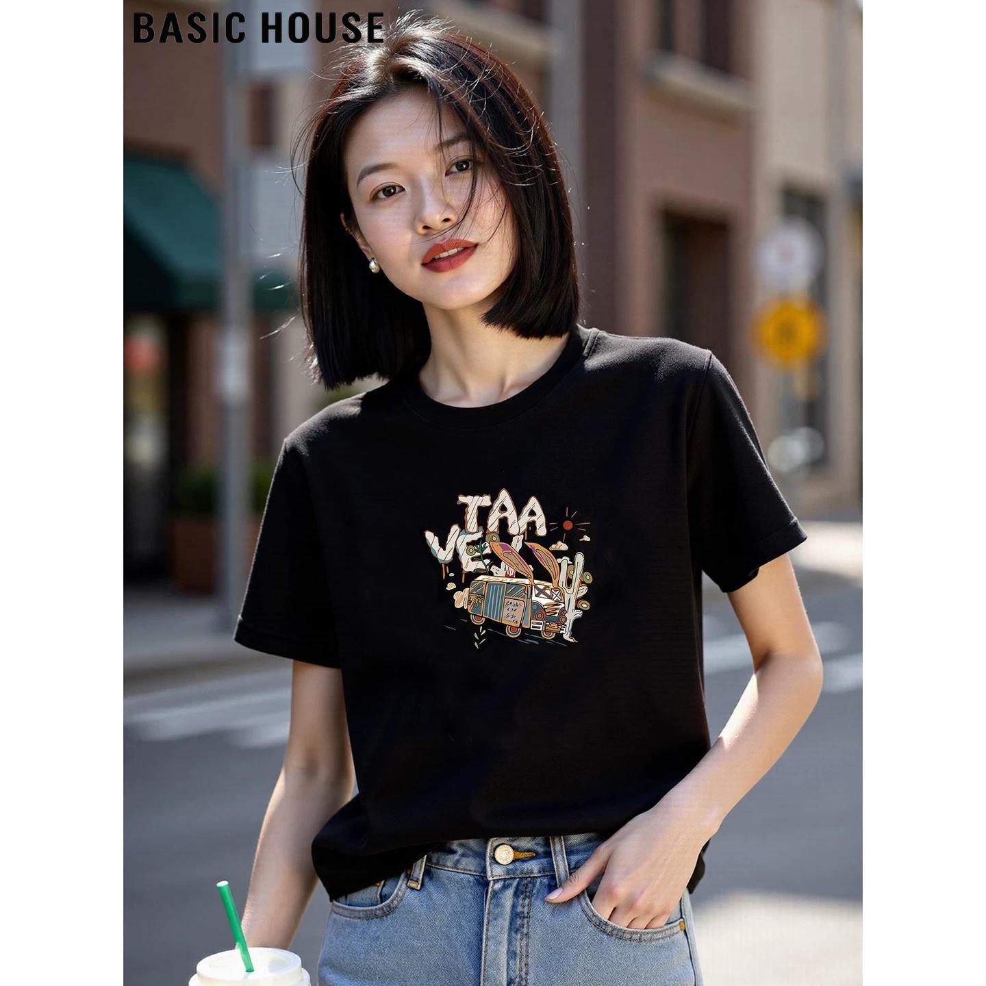 Basic House/百家好黑色印花正肩短袖T恤女夏季新款宽松纯棉上衣