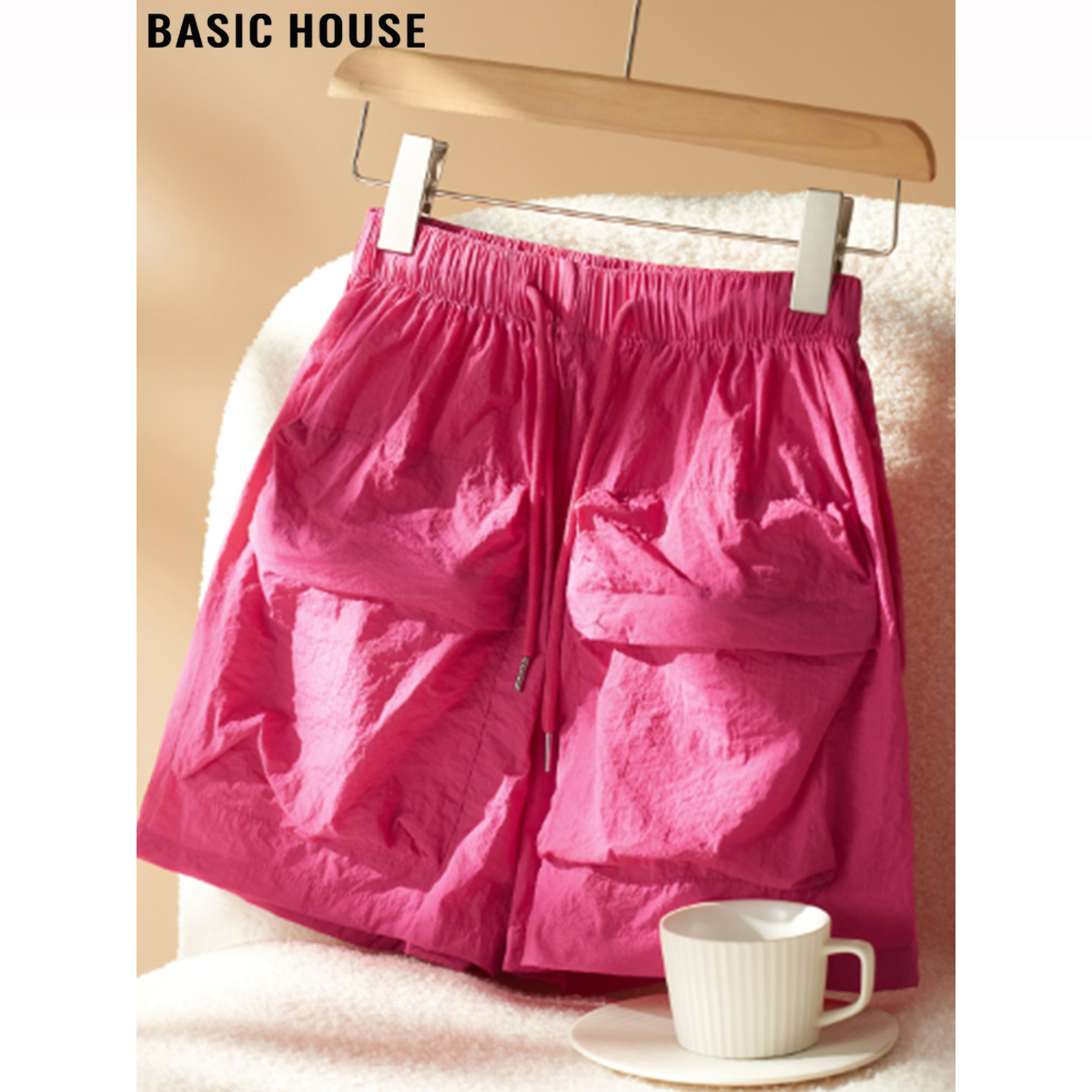 Basic House/百家好玫红色运动工装短裤女夏季多巴胺五分阔腿裤子