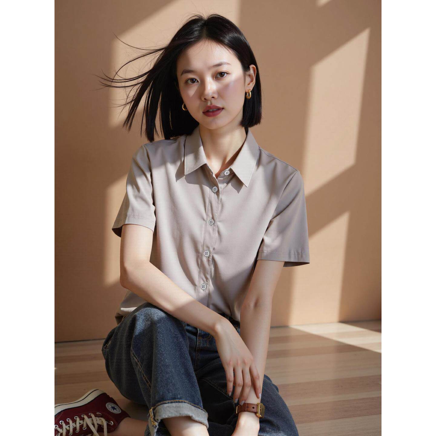 Basic House/百家好简约灰色职业正肩短袖衬衫女2026夏季新款衬衣