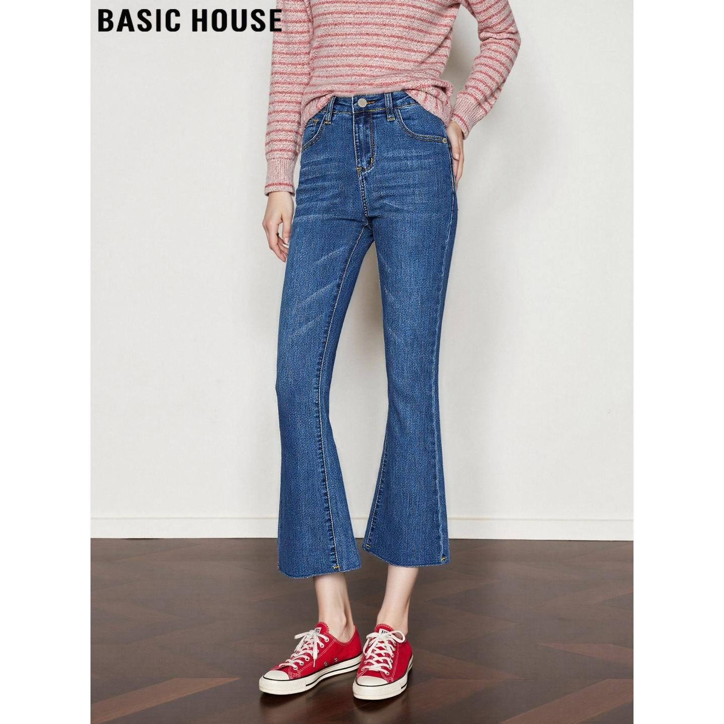 Basic House/百家好复古蓝色九分微喇牛仔裤女春季高腰显瘦喇叭裤