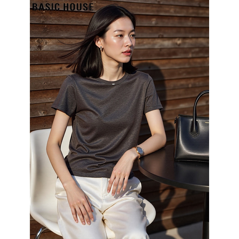 Basic House/百家好含桑蚕丝灰色短袖T恤女夏季新款天丝面膜体恤