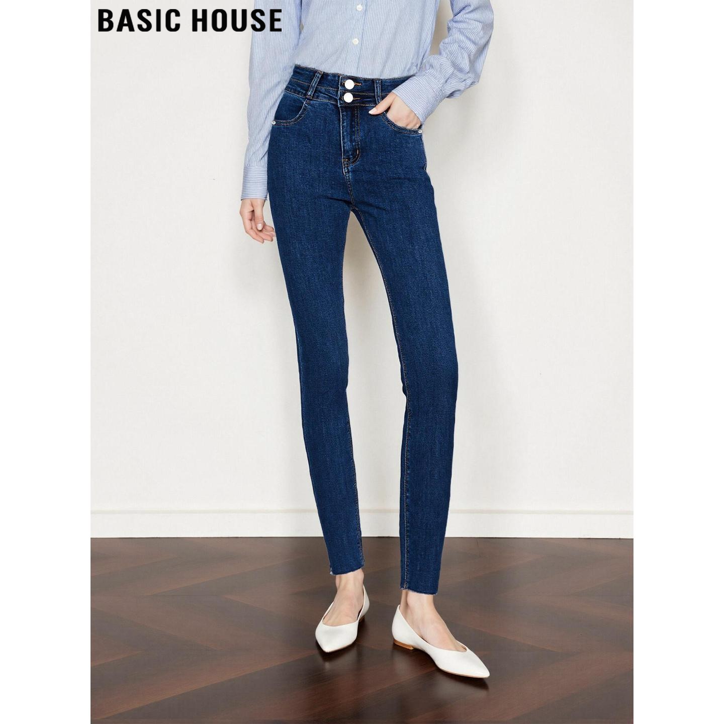 Basic House/百家好复古蓝色九分牛仔裤女春季修身高腰直筒铅笔裤