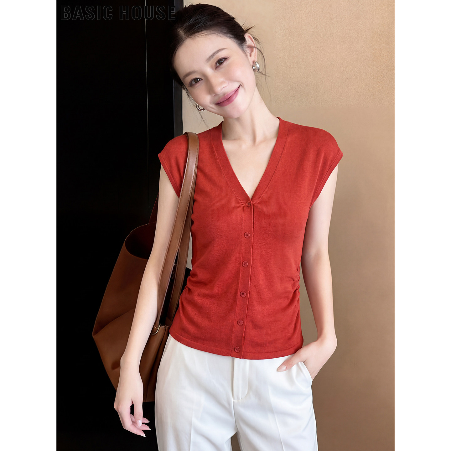 Basic House/百家好红色V领含羊毛褶皱收腰小飞袖针织开衫女夏季
